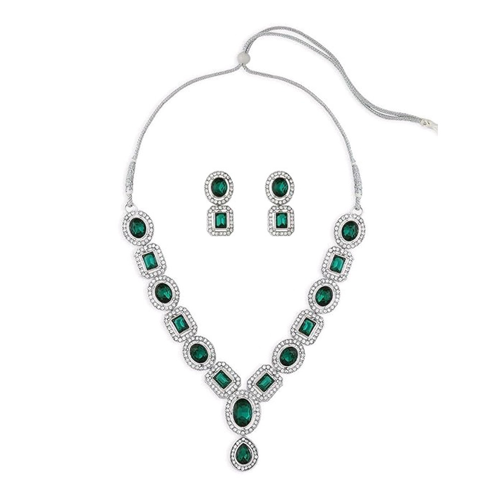 New Green Stones Dazzling Austrian Diamonds Embellished Necklace Earring Set For Women 0
