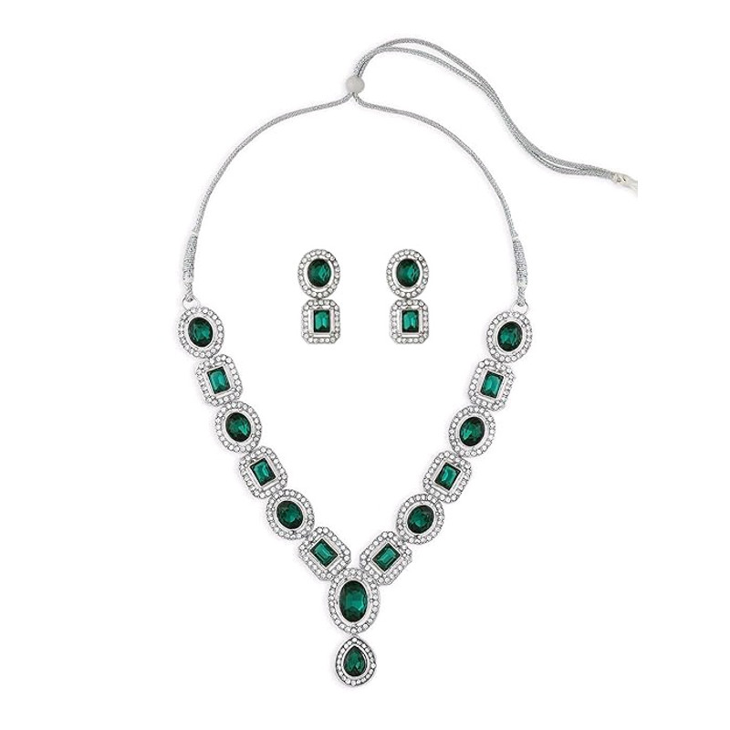 New Green Stones Dazzling Austrian Diamonds Embellished Necklace Earring Set For Women 0