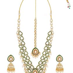 green meenakari dazzling stones beads bridal necklace earring & maangtikka