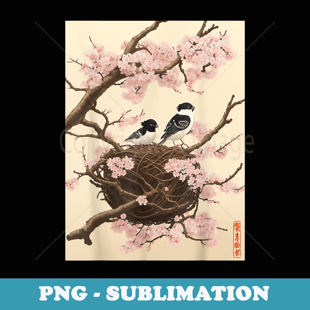 Retro Graphic Japanese Art Birds on Cherry Blossom Woodblock - Premium PNG Sublimation File