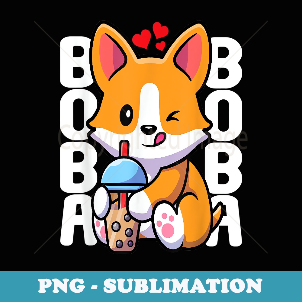 Kawaii Boba Dog Corgi Tea Drink Cute Anime Bubble Tea Heart - Retro PNG Sublimation Digital Download
