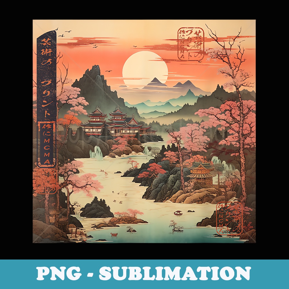 Ukiyo-e Cherry Blossom Landscape in Old Japan - Digital Sublimation Download File