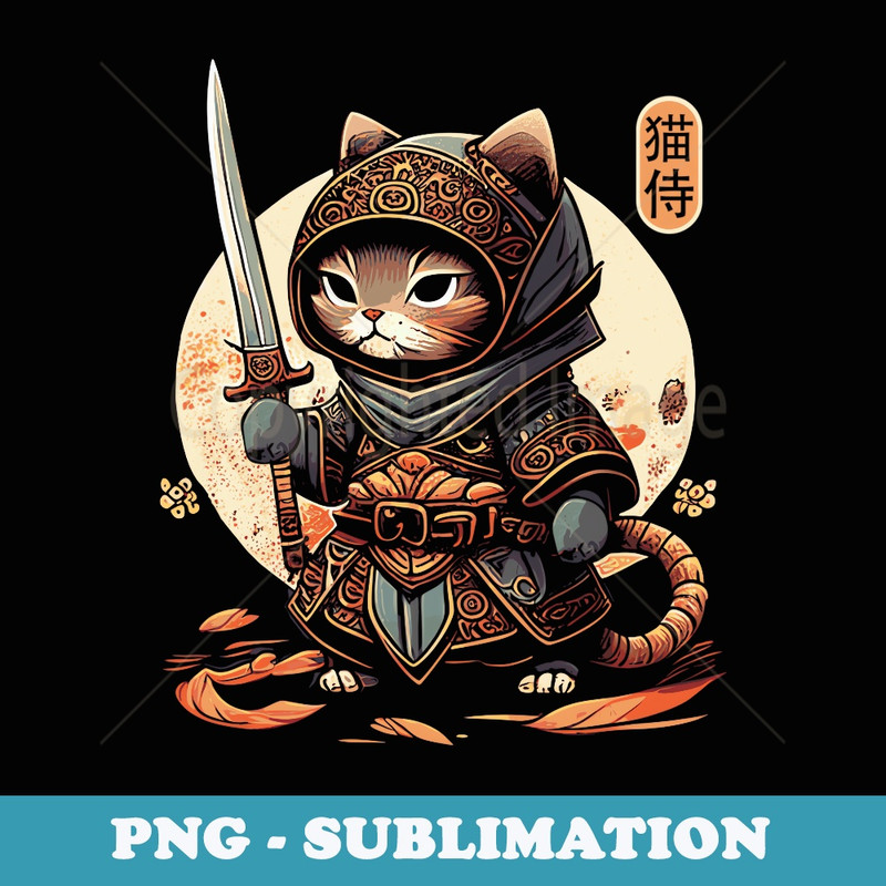 Japanese Samurai Cat Tattoo Kawaii Ninja Cat - Digital Sublimation Download File