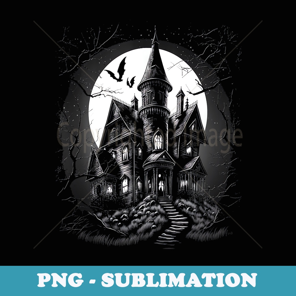 Creepy Haunted Home on a Hill on a Halloween Moonlit Night - Sublimation PNG File