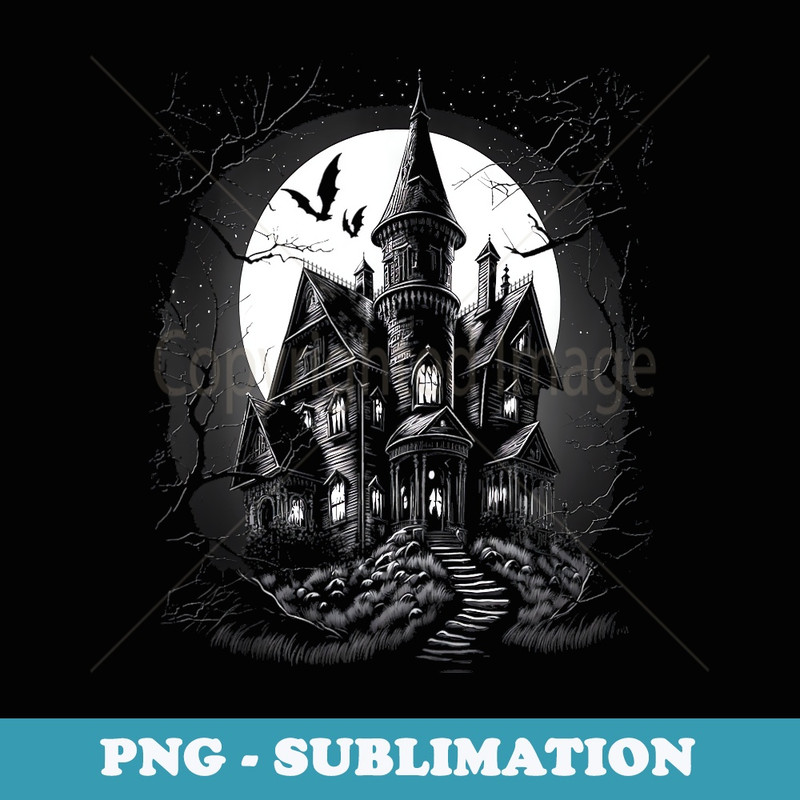 Creepy Haunted Home on a Hill on a Halloween Moonlit Night - Sublimation PNG File
