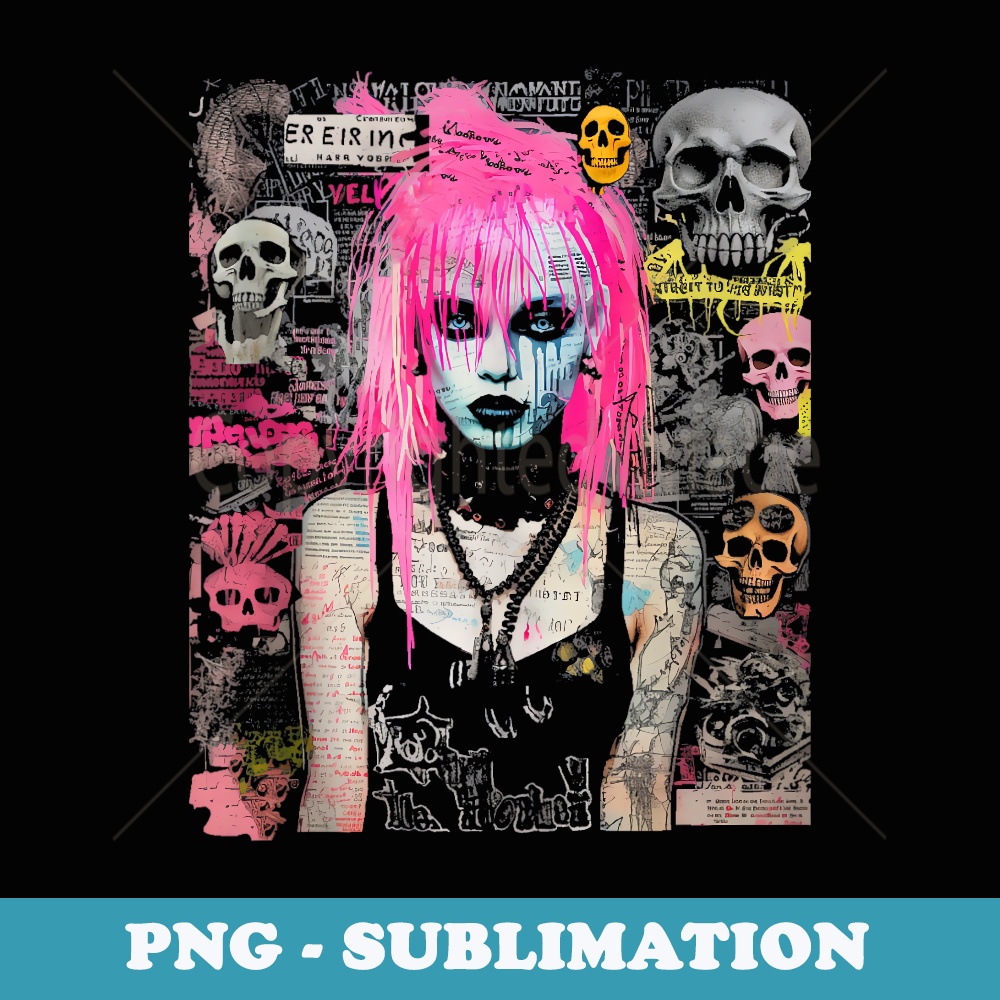 Pink Hair Punk Goth Witch With Skull Collage Background - Retro PNG Sublimation Digital Download