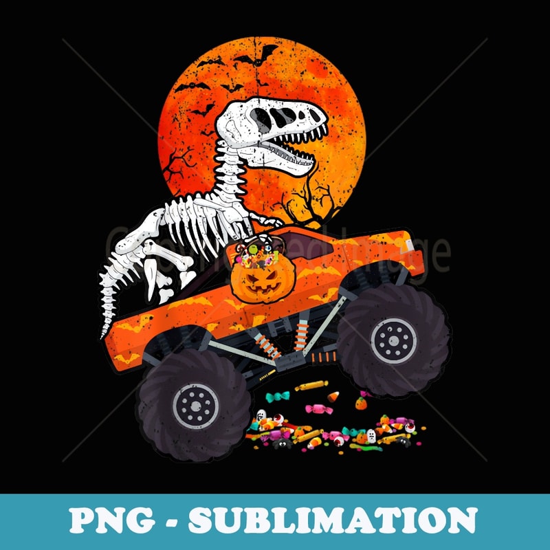 Skeleton Dinosaur Monster Truck Moon Candy Toddler Halloween - Vintage Sublimation PNG Download