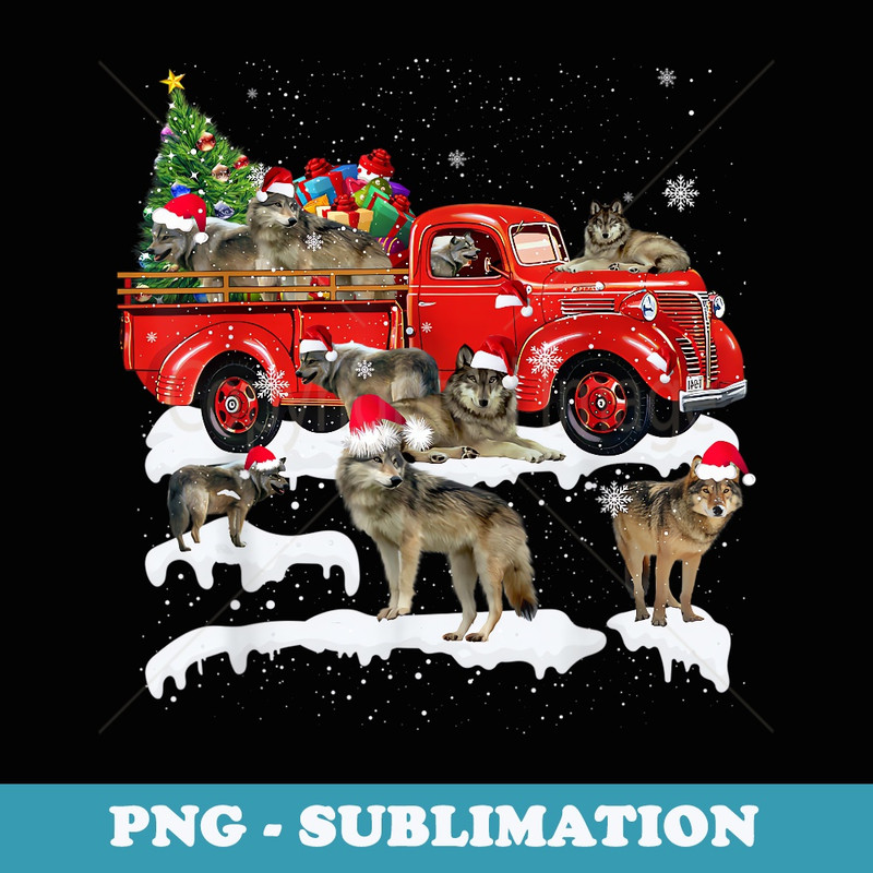 Wolf Riding Red Truck Merry Christmas X-mas Ugly - Elegant Sublimation PNG Download
