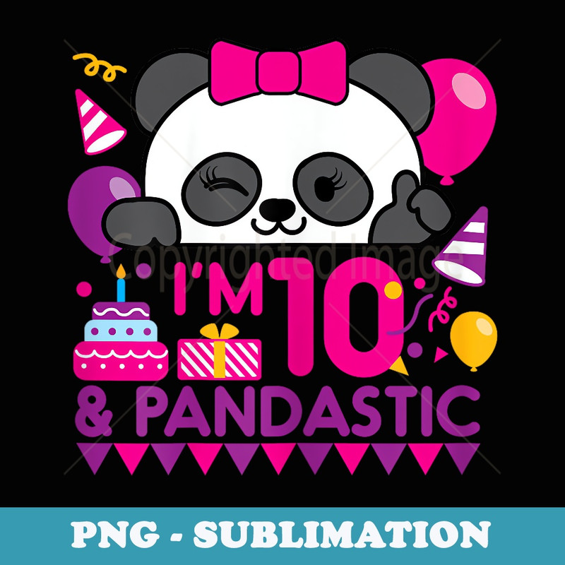 Panda with Balloon 10 Years Old Girls Birthday Party - PNG Transparent Sublimation File