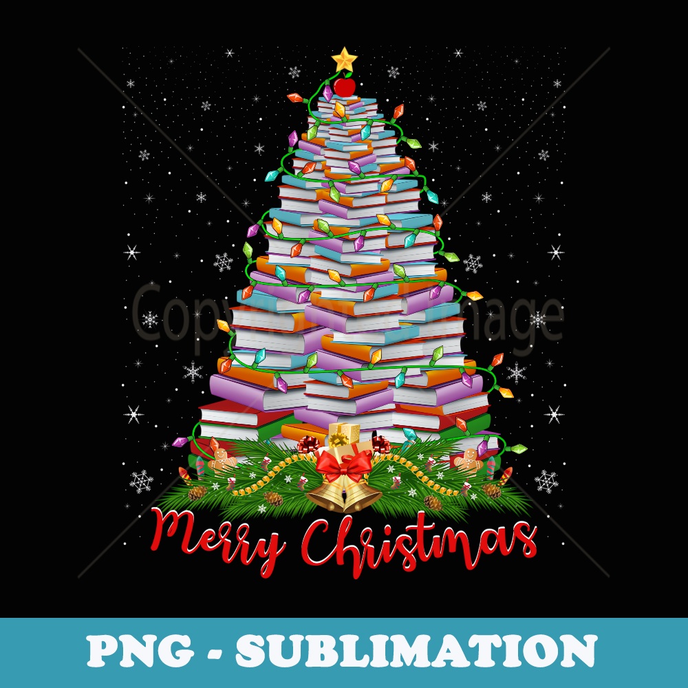 Xmas Light Book Lover Librarian Library Books Christmas Tree - Unique Sublimation PNG Download