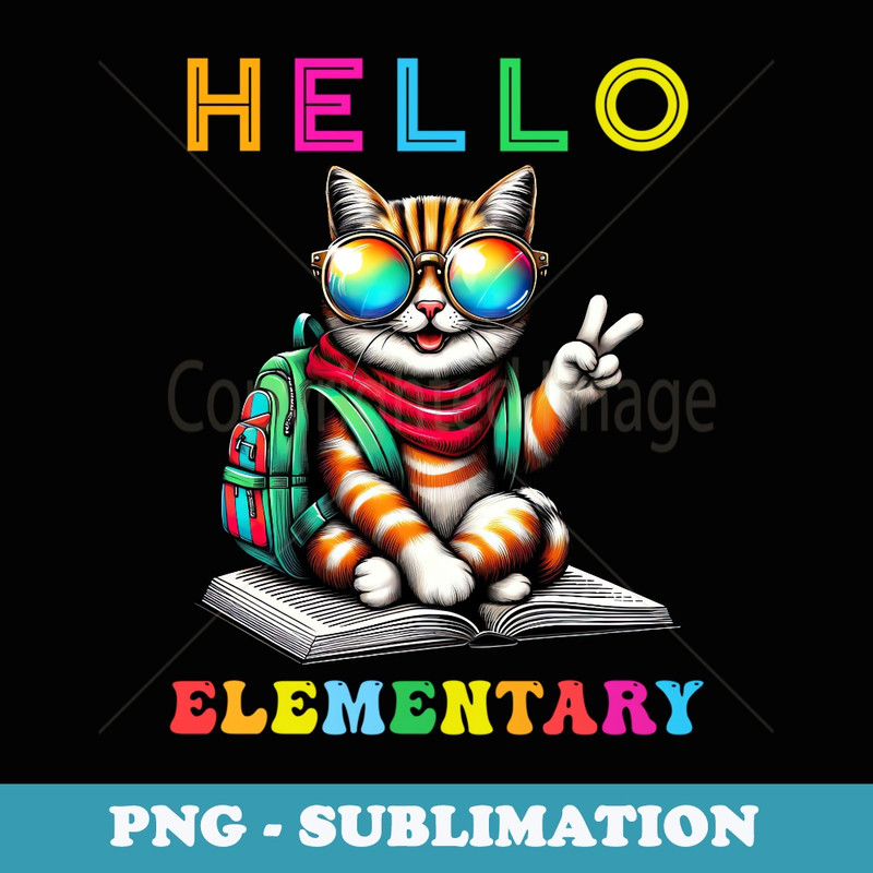Hello Elementary Cat Lover Back to School Teacher - Retro PNG Sublimation Digital Download