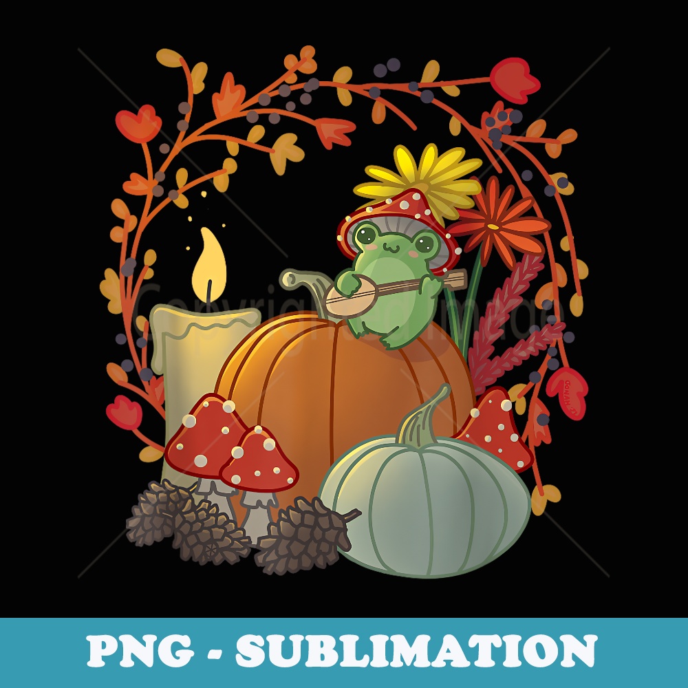 Kawaii Cottagecore Aesthetic Frog With Mushroom Hat Pumpkins - Trendy Sublimation Digital Download