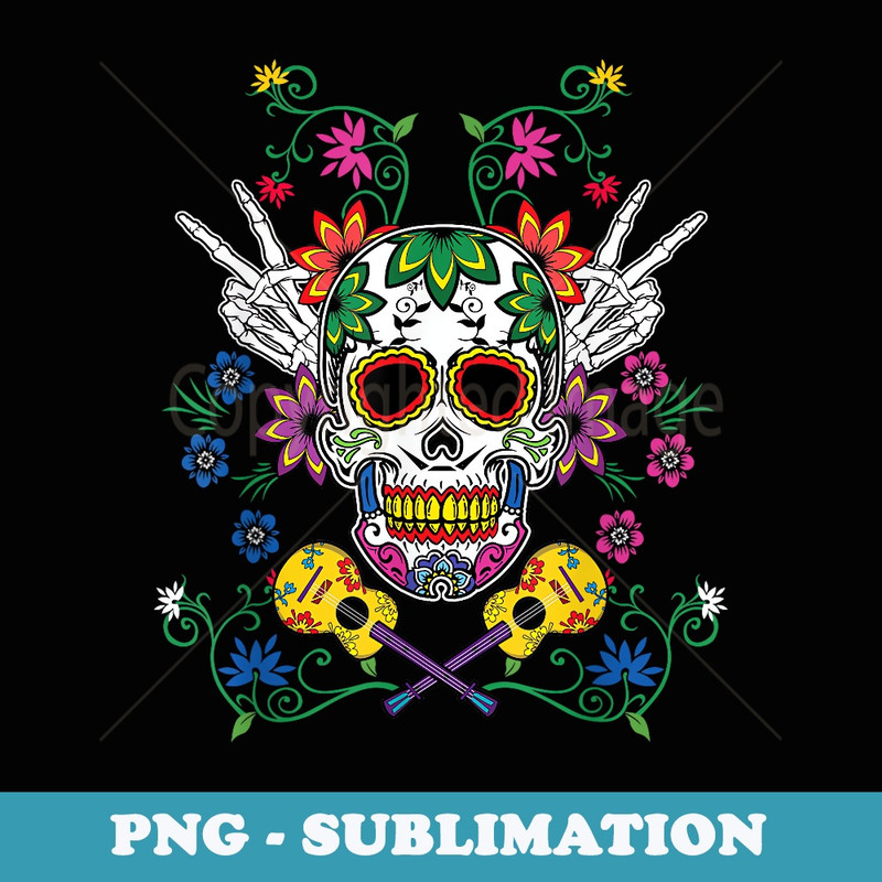 Floral Sugar Skull Souls Day Of Dead Guitar Guitarist - Decorative Sublimation PNG File