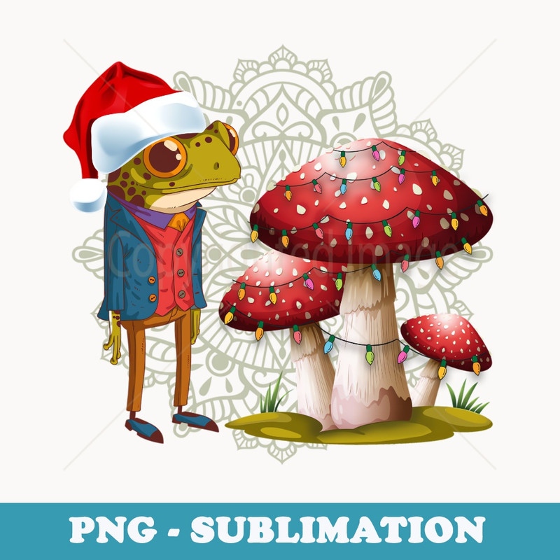 Christmas Cottagecore Aesthetic Mushroom & Frog In Santa Hat - PNG Transparent Sublimation File