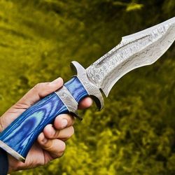 handmade damascus steel bowie knife & leather sheath