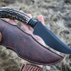 custom handmade stag horn hunting knife with leather sheath..!!!!!!