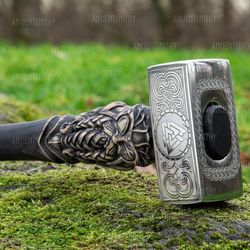 viking battle hammer with carved handle, medieval war hammer, personalized hammer husband, unique norse hammer,