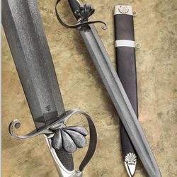 wootz hunting sword with damascus and silver hilt and silver mounted scabbard