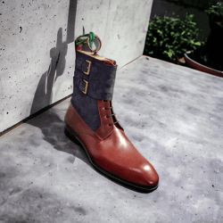 premium quality handmade suede leather brown color men double monk strap boots