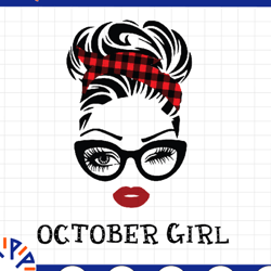 october girl svg, woman with glasses svg printable, girl with buffalo plaid bandana design, blink eyes png, october svg,