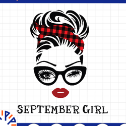 september girl svg, woman with glasses svg printable, girl with buffalo plaid bandana design, blink eyes png, september