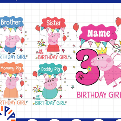custom peppa pig birthday boy png, birthday party png, custom name and age birthday family matching svg ,peppa pig fami