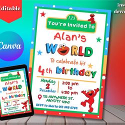 printable elmo birthday invitation, canva birthday template, custom birthday party invite, editable template