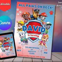 paw patrol birthday invitation, canva birthday template, custom birthday party invite, editable template