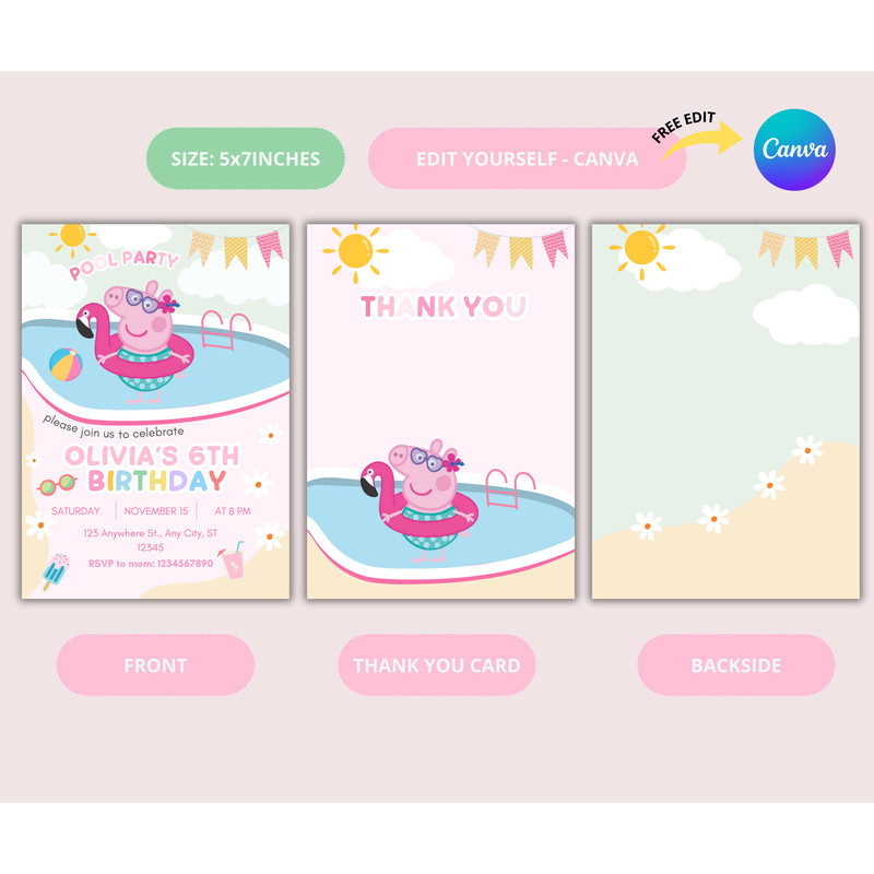 Peppa Pig Birthday Invitation Invites Girl Peppa Pig Invitation POOL Party Peppa Pig CANVA Editable 1