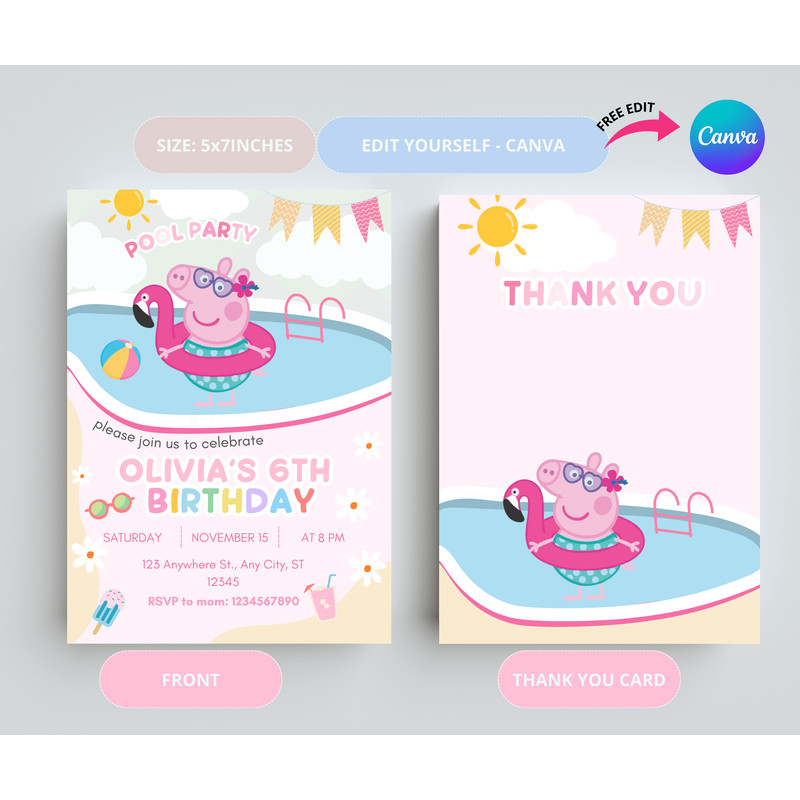 Peppa Pig Birthday Invitation Invites Girl Peppa Pig Invitation POOL Party Peppa Pig CANVA Editable 2