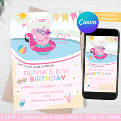 peppa pig birthday invitation invites girl, peppa pig invitation, pool party peppa pig, canva editable template