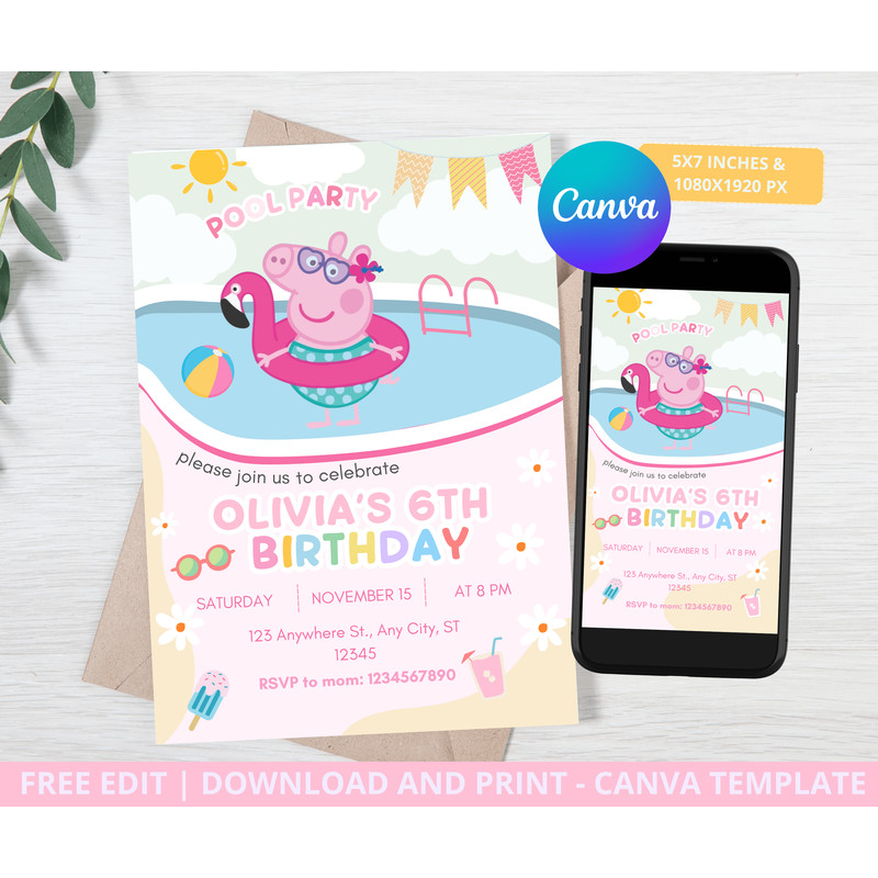 Peppa Pig Birthday Invitation Invites Girl Peppa Pig Invitation POOL Party Peppa Pig CANVA Editable 0
