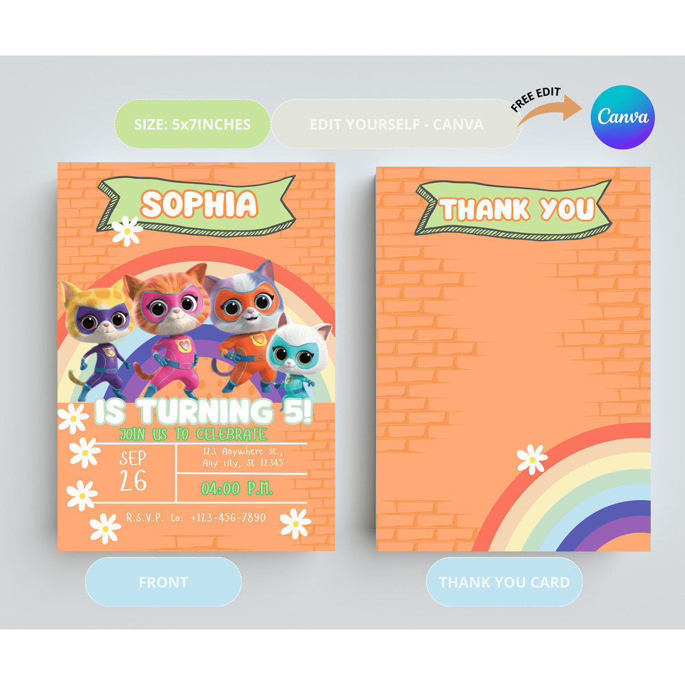 Super Kitty Birthday Invitation Template Super Kitties Party Supplies CANVA Template 1
