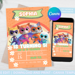 super kitty birthday invitation template, super kitties party supplies, canva template