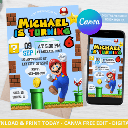 super mario bros birthday invitation, mario bros birthday party supplies, mario bros invitation - editable canva templat