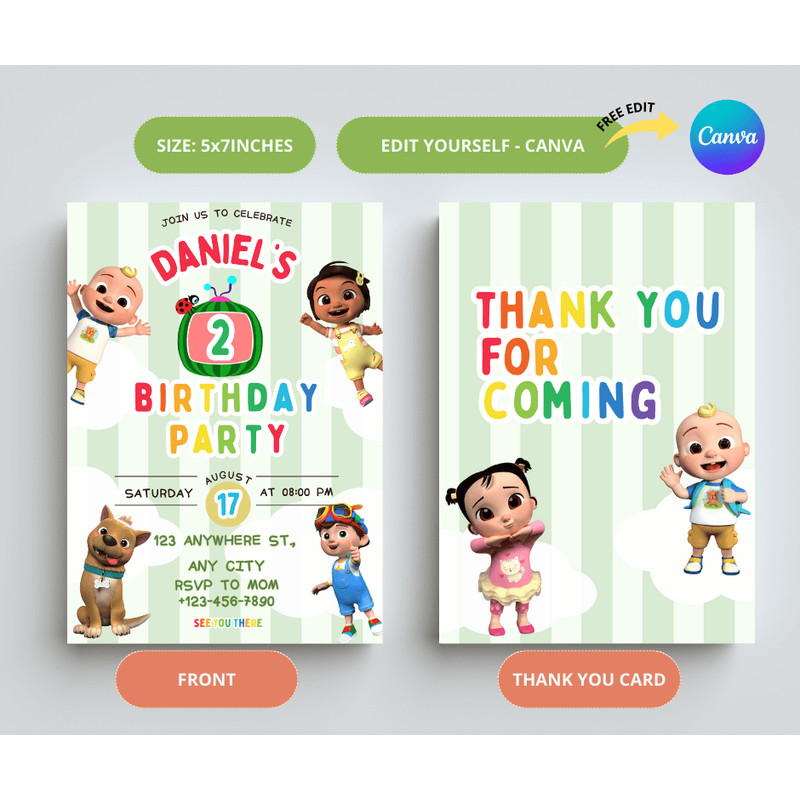 Cocomelon Birthday Party Invitation Kids Cocomelon Party Supplies Cocomelon Invitation CANVA Editab 1