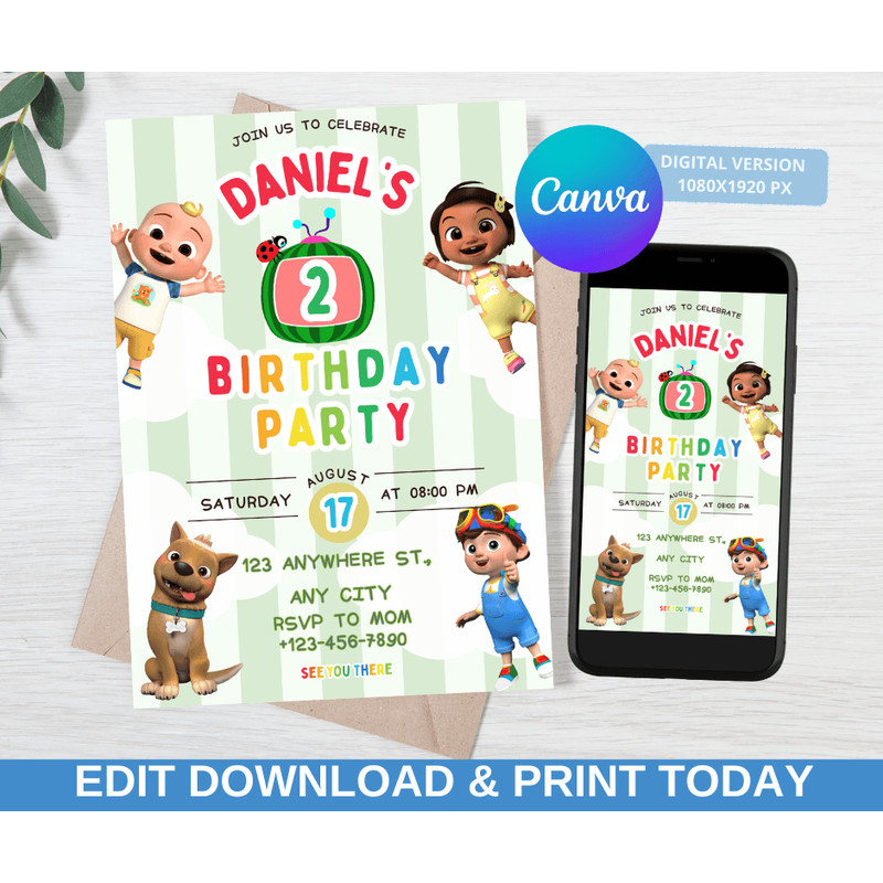Cocomelon Birthday Party Invitation Kids Cocomelon Party Supplies Cocomelon Invitation CANVA Editab 0