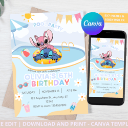 stitch pool party birthday invitation, stitch birthday party supplies, pool party invitation, canva editable template