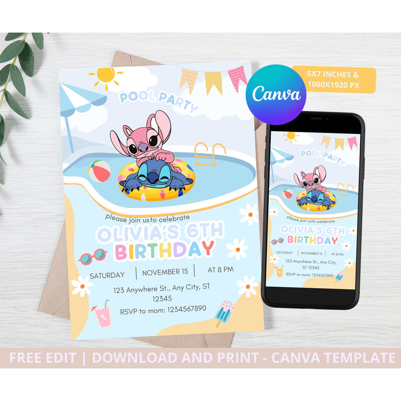 Stitch Pool Party Birthday Invitation Stitch Birthday Party Supplies POOL PARTY INVITATION CANVA Ed 0