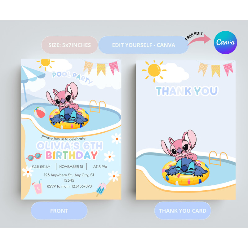 Stitch Pool Party Birthday Invitation Stitch Birthday Party Supplies POOL PARTY INVITATION CANVA Ed 1