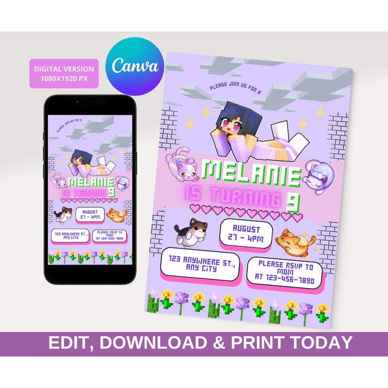 Aphmau Birthday Invitation Aphmau Birthday Party Supplies Aphmau DecoR CANVA Template 0