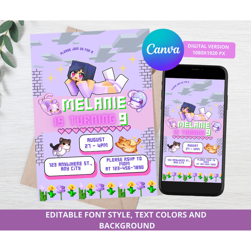 Aphmau Birthday Invitation Aphmau Birthday Party Supplies Aphmau DecoR CANVA Template 2