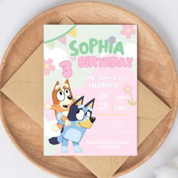 bluey birthday invitation, bluey party supplies, bluey birthday decor - canva template