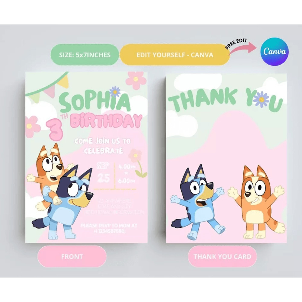 Bluey Birthday Invitation Bluey Party Supplies Bluey Birthday Decor Canva Template 1