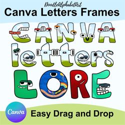 complete alphabet lore canva frames uppercase, lowercase and number, easy drag and drop photo, patterns or colors