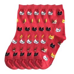 anysox 5 pairs size 5-9 cat design fashion midcalf cotton socks