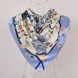 anyyou scarf for women vase floral blue printed satin silk shawl