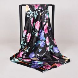 anyyou scarf for women black pink floral printed satin silk s