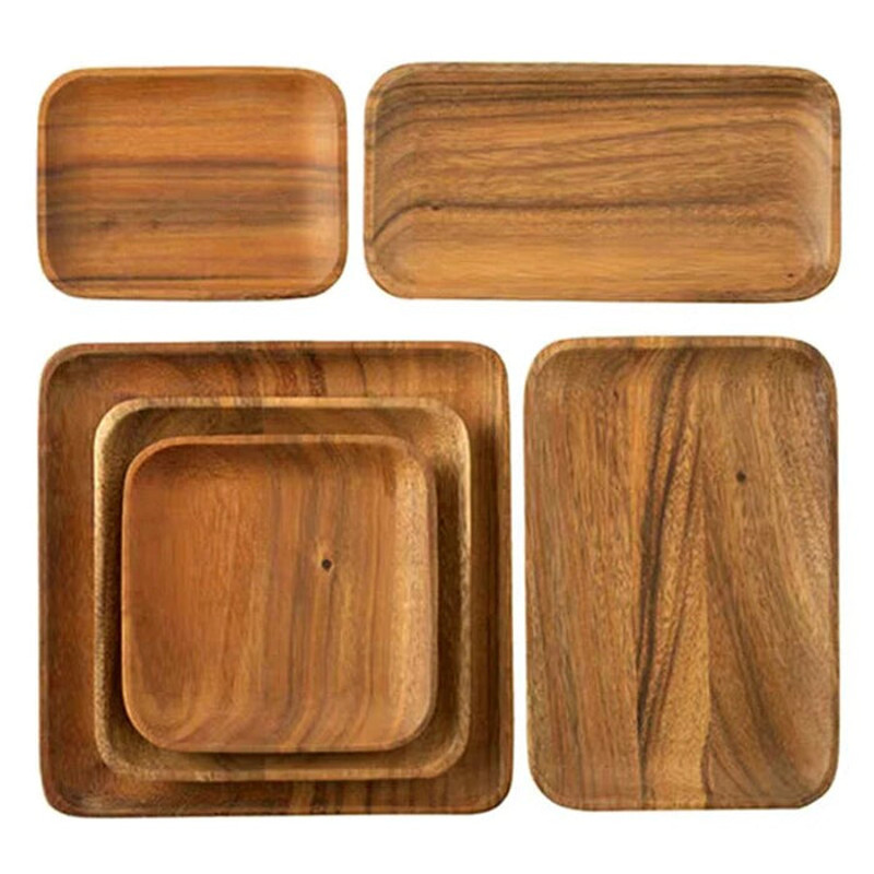Anygleam Brown 6pcs Acacia Wood Plate Food Kitchen Tableware 0