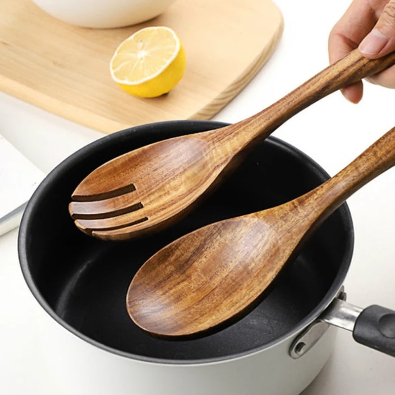 Anygleam Brown 2pcs Wooden Spoon Fork Ladle Kitchen Tableware 3